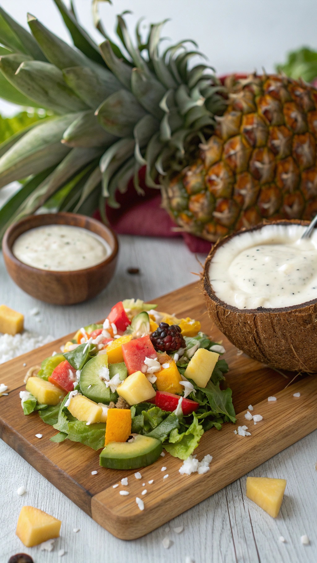 A vibrant taco salad with creamy coconut dressing, featuring fresh vegetables and tropical fruits.