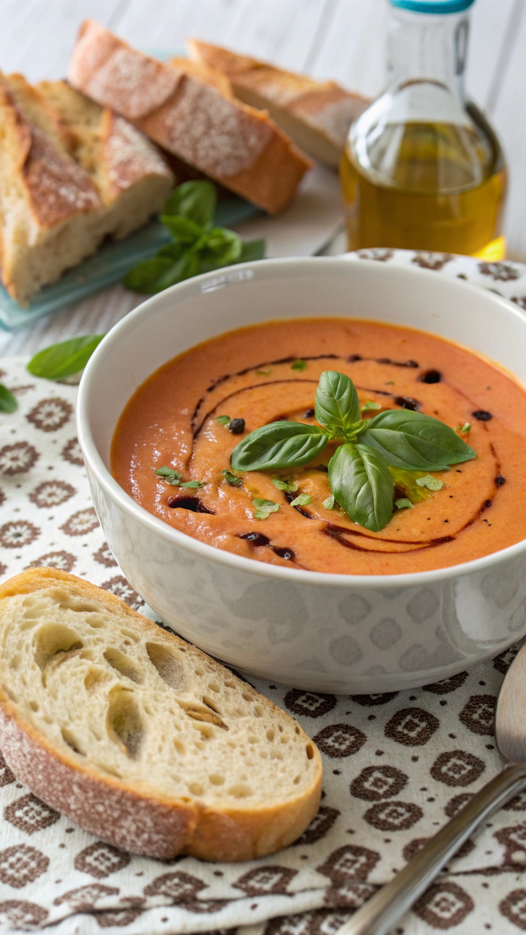 Bowl of creamy tomato basil soup with fresh basil leaves and slices of bread on the side.