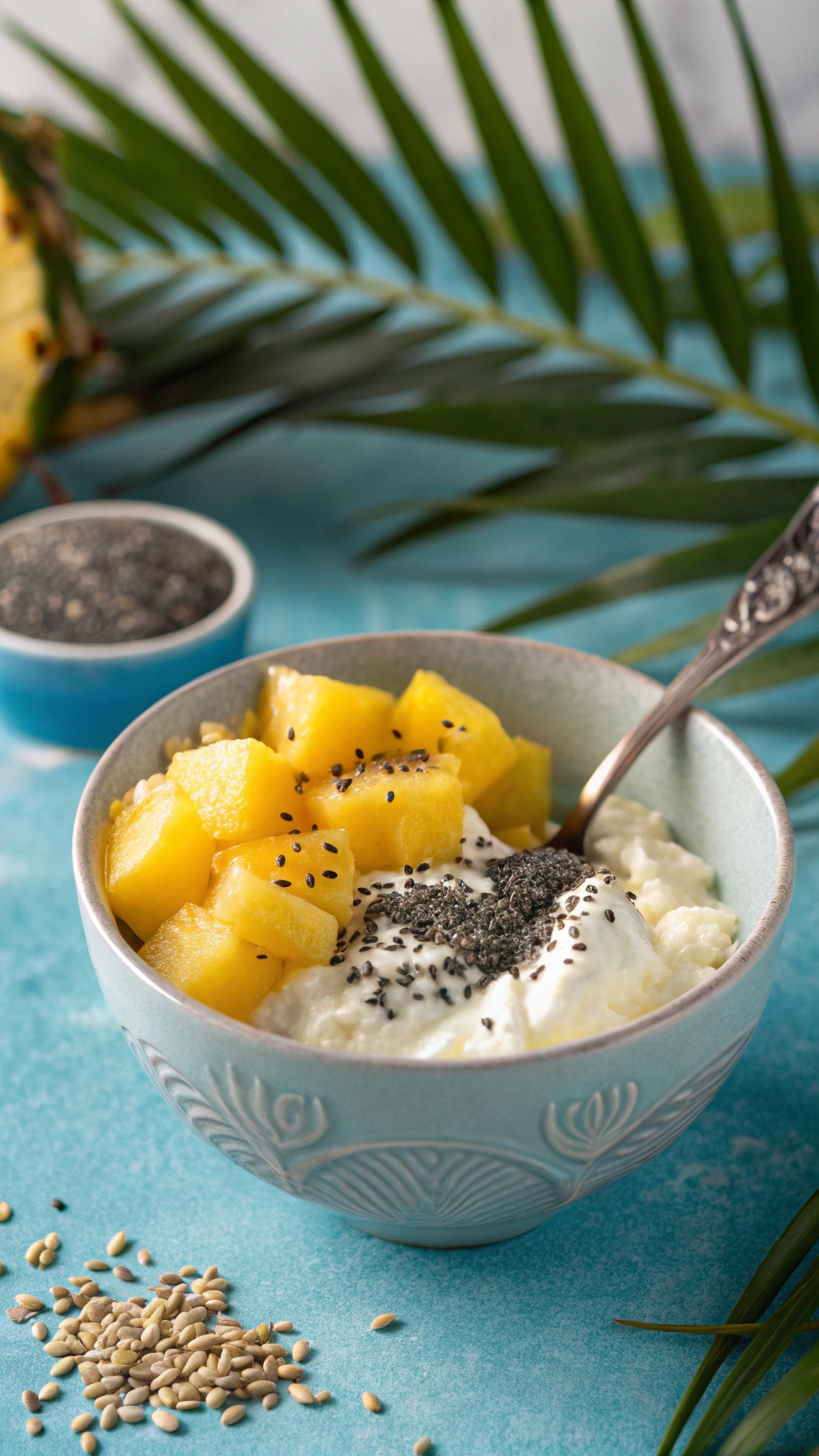 A bowl of creamy cottage cheese topped with diced pineapple and chia seeds, set against a vibrant blue background.