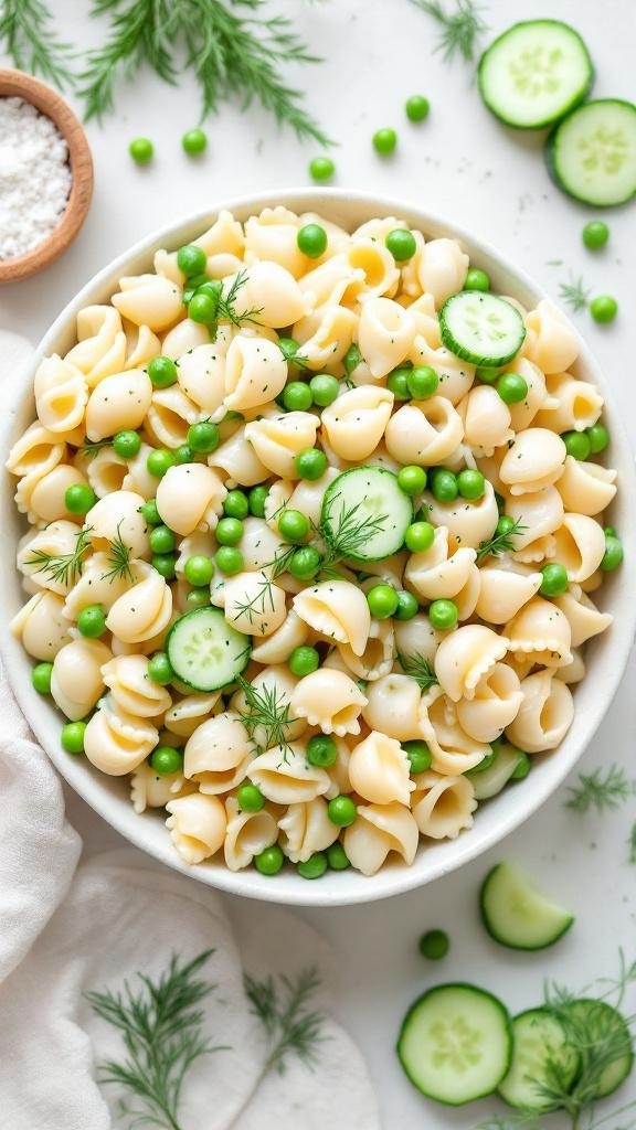 A bowl of creamy dill pasta salad with cucumbers and peas, garnished with fresh dill.