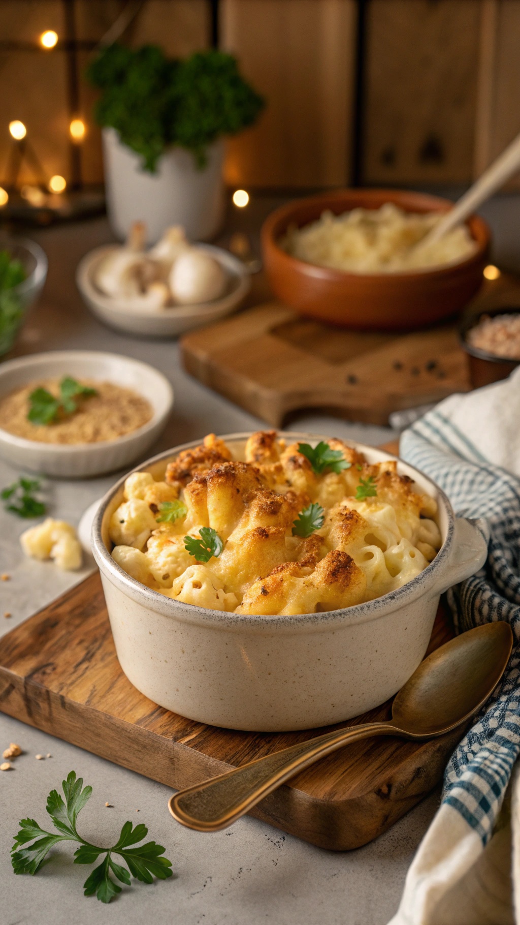 A bowl of creamy cauliflower mac and cheese topped with parsley, surrounded by ingredients like garlic and cheese.
