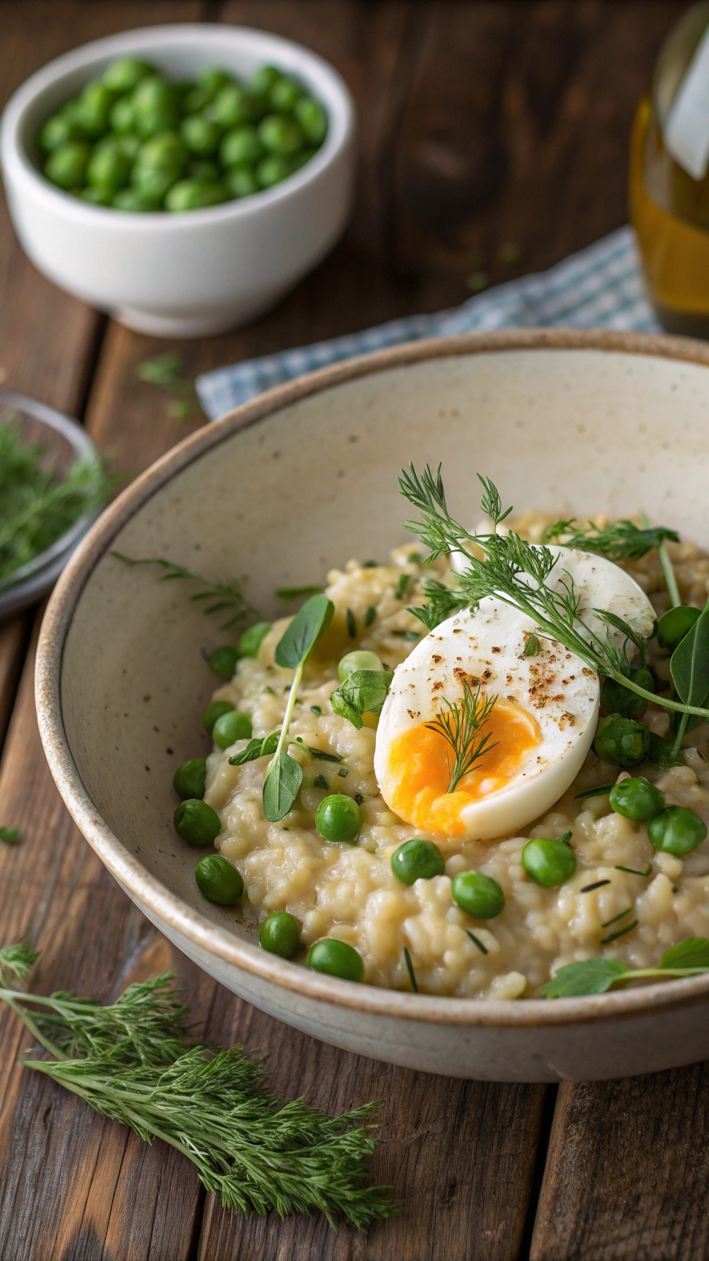 A bowl of creamy egg and pea risotto topped with a soft-boiled egg and fresh herbs.