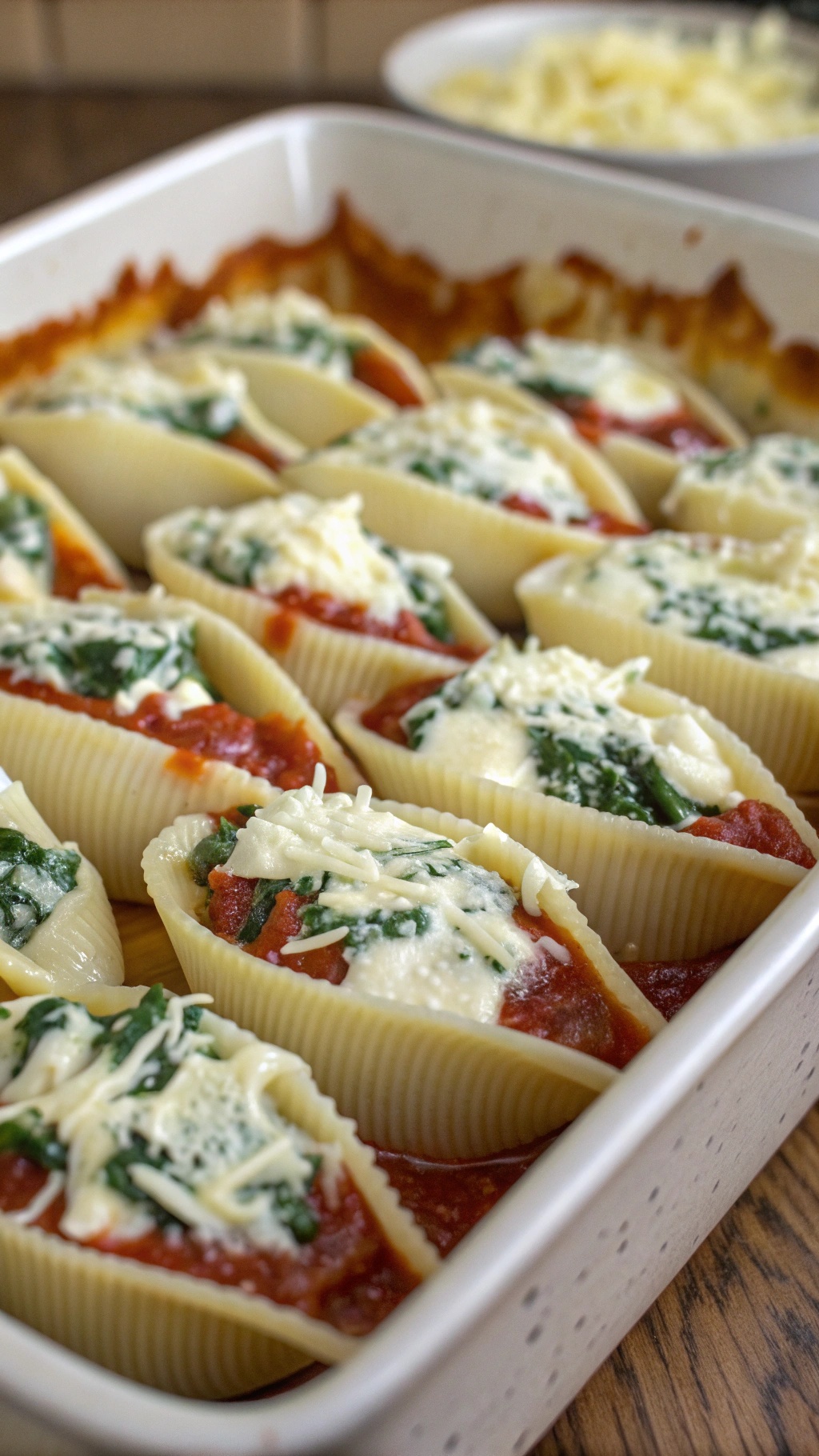 Creamy egg and spinach stuffed shells in a baking dish with marinara sauce