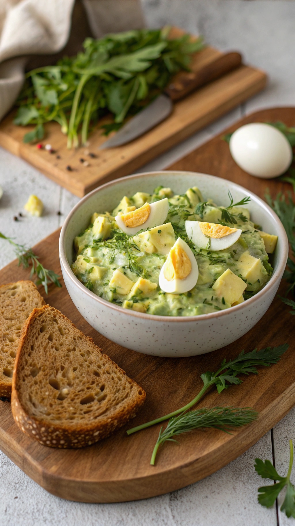 Creamy egg salad with avocado dressing served in a bowl, garnished with herbs and accompanied by slices of bread.