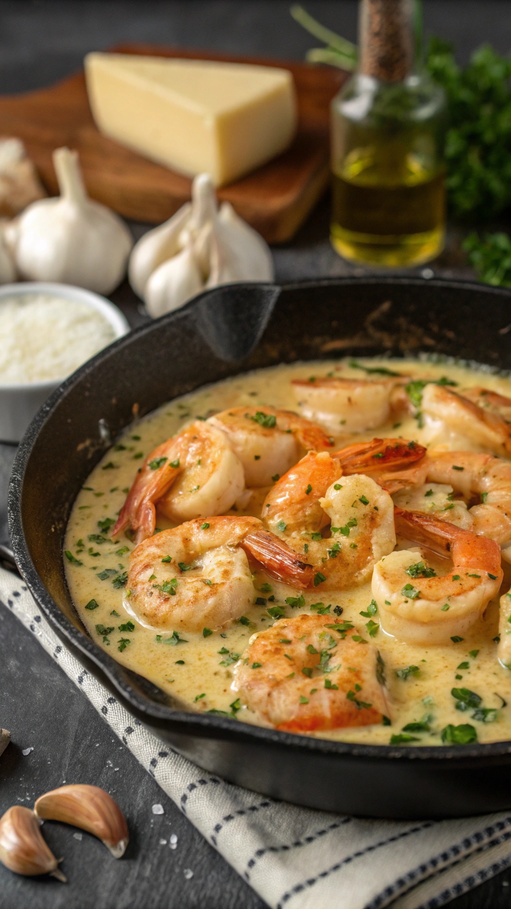 A skillet filled with creamy garlic butter shrimp garnished with parsley, surrounded by garlic cloves and cheese.
