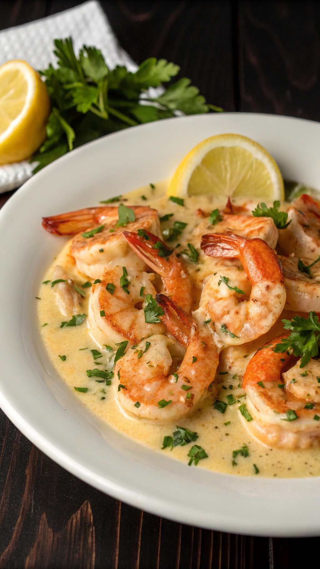 A plate of creamy garlic butter shrimp garnished with parsley and lemon slices.