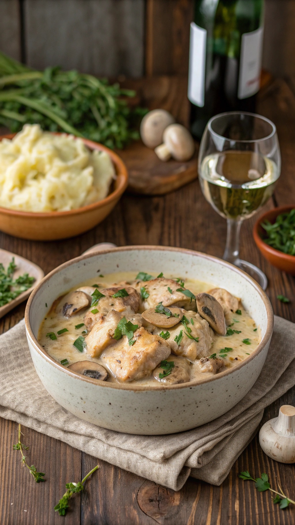 A bowl of creamy garlic mushroom chicken with fresh parsley on top, served with mashed potatoes and a glass of white wine.