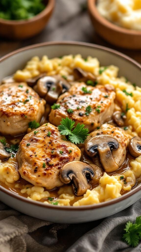Creamy garlic mushroom chicken thighs served over mashed potatoes with parsley garnish.