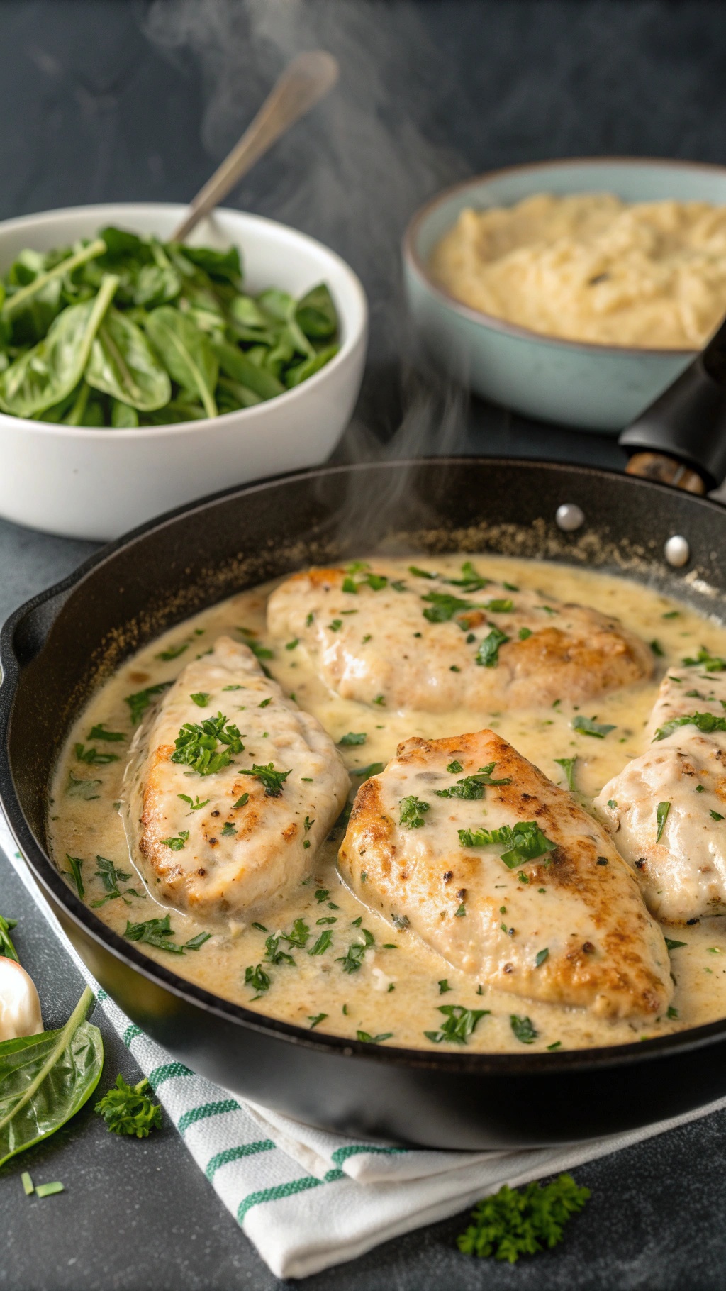 Creamy garlic parmesan chicken in a skillet with fresh parsley and spinach on the side.