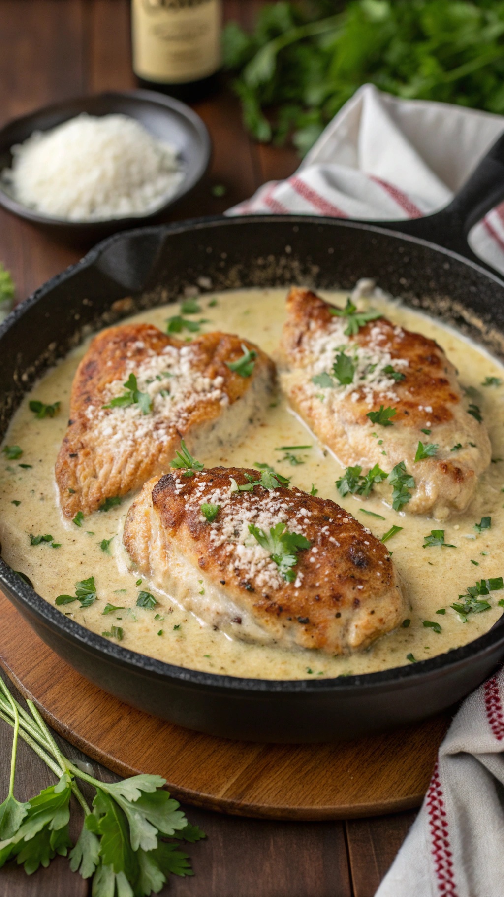 Creamy Garlic Parmesan Chicken Skillet with parsley garnish