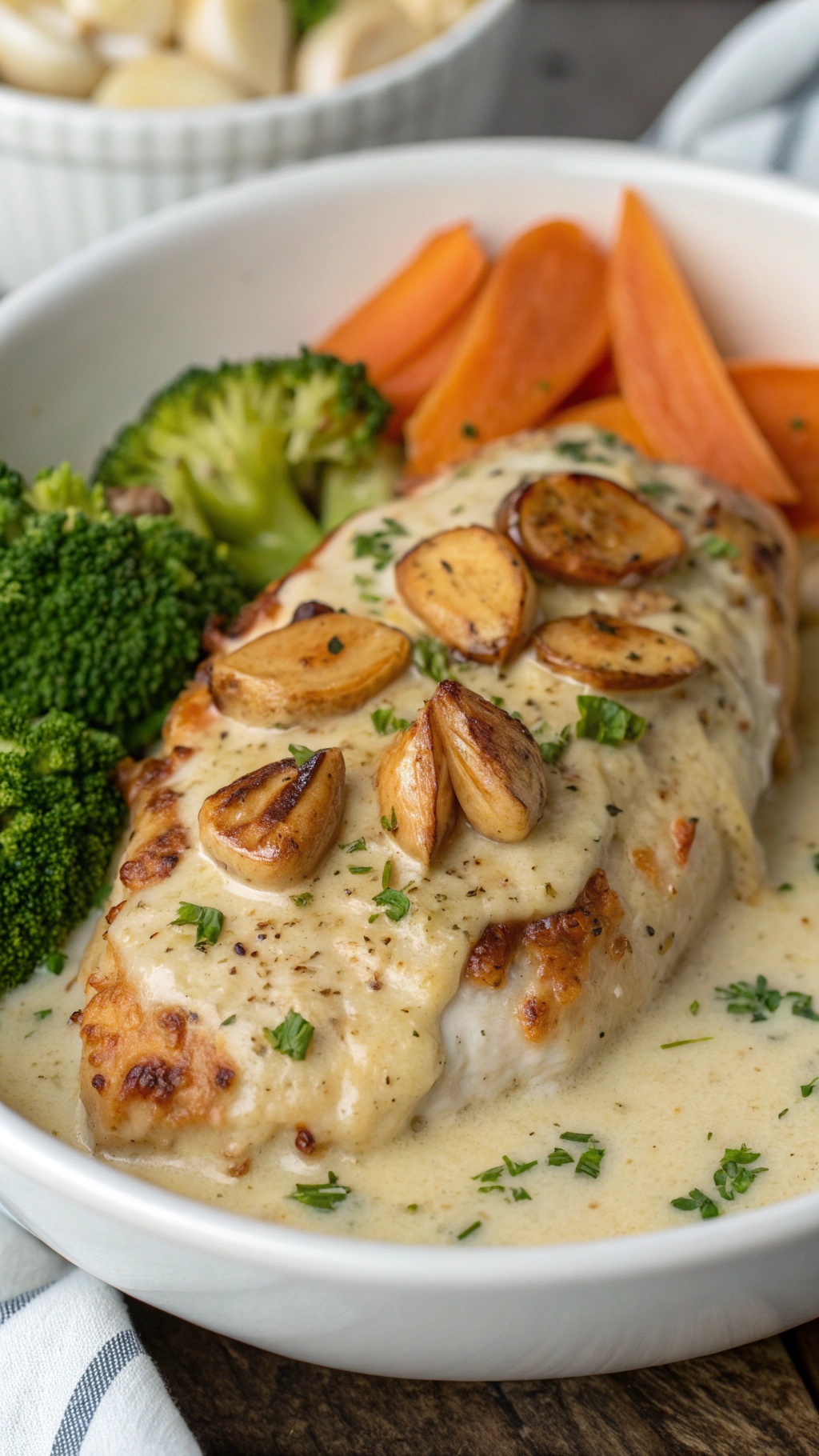 Creamy garlic parmesan chicken served with broccoli and carrots