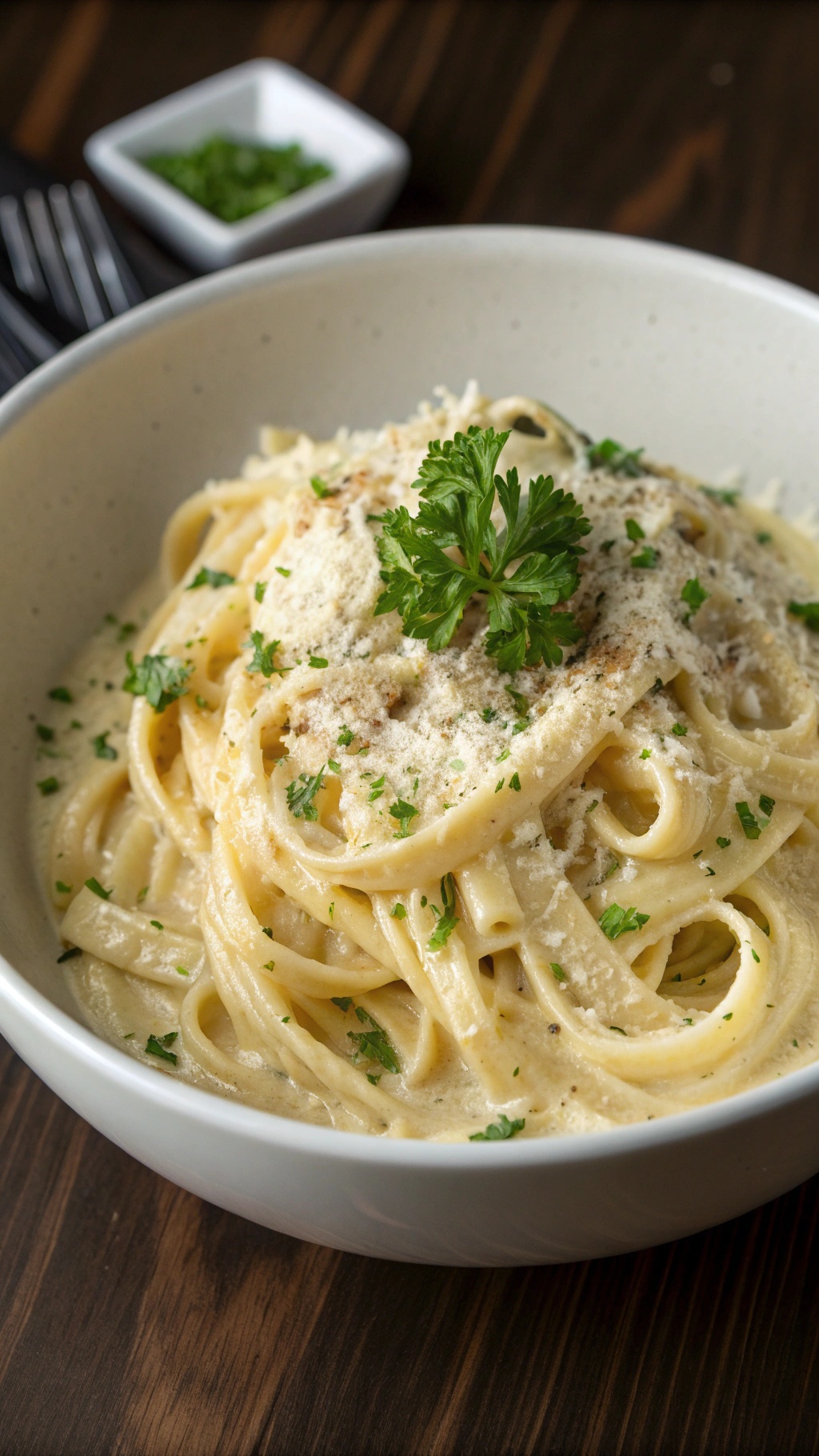 A bowl of creamy garlic parmesan pasta topped with parsley and grated cheese.