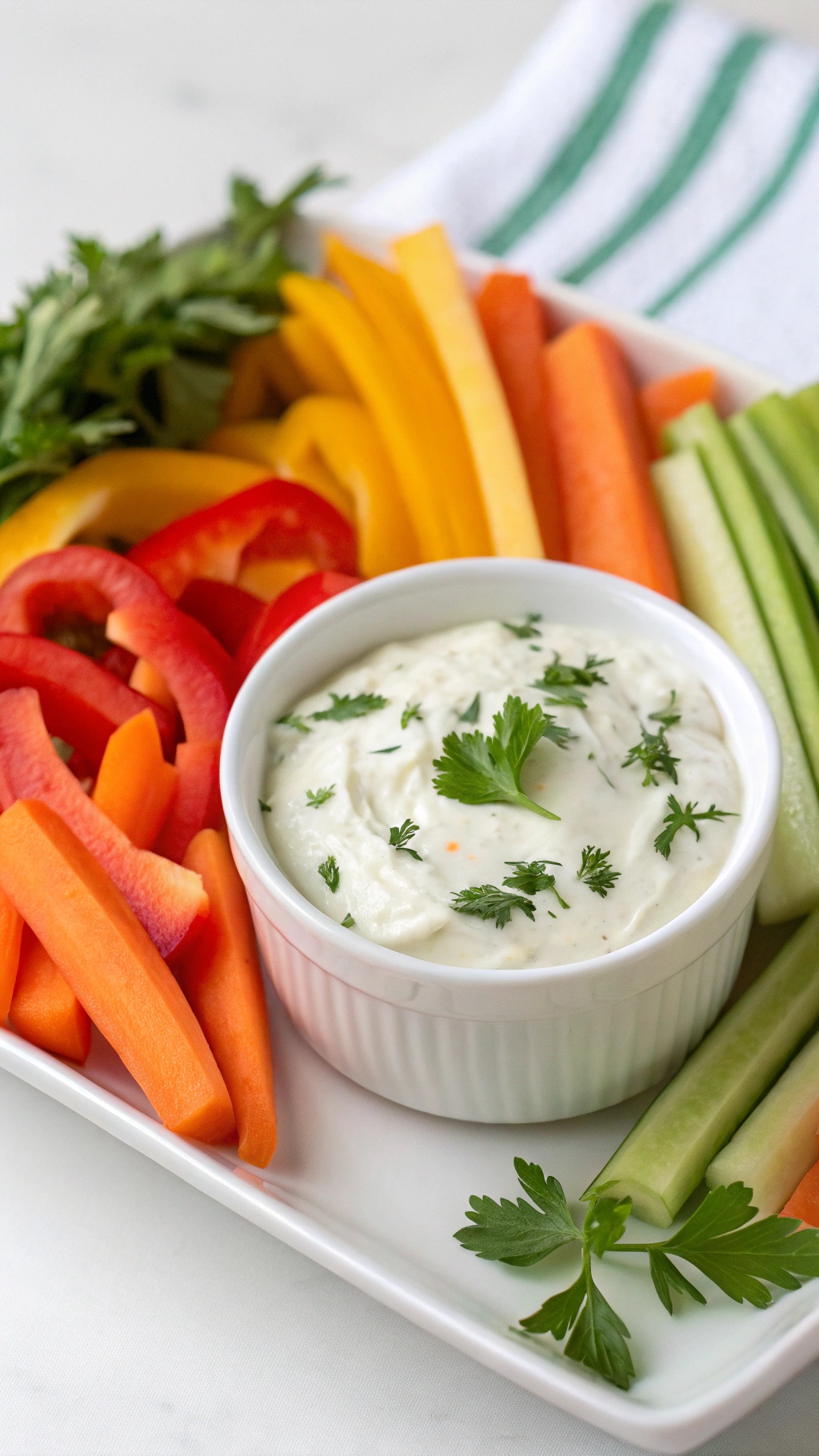 A platter of colorful vegetables with a creamy Greek yogurt dip in the center, garnished with herbs.
