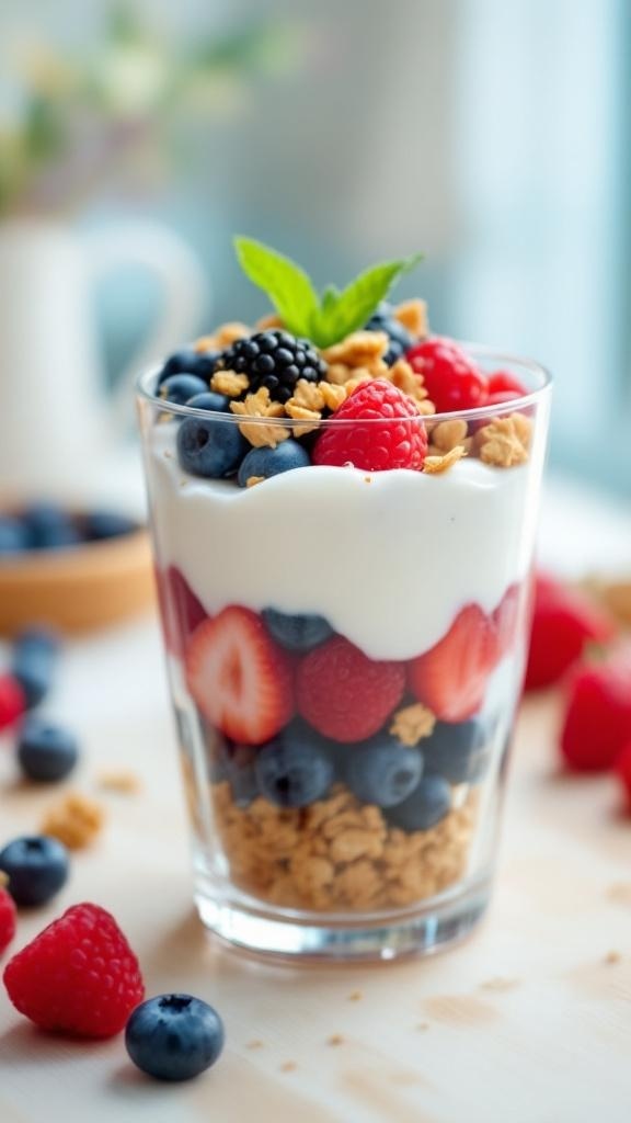 A creamy Greek yogurt parfait layered with berries and granola in a glass.