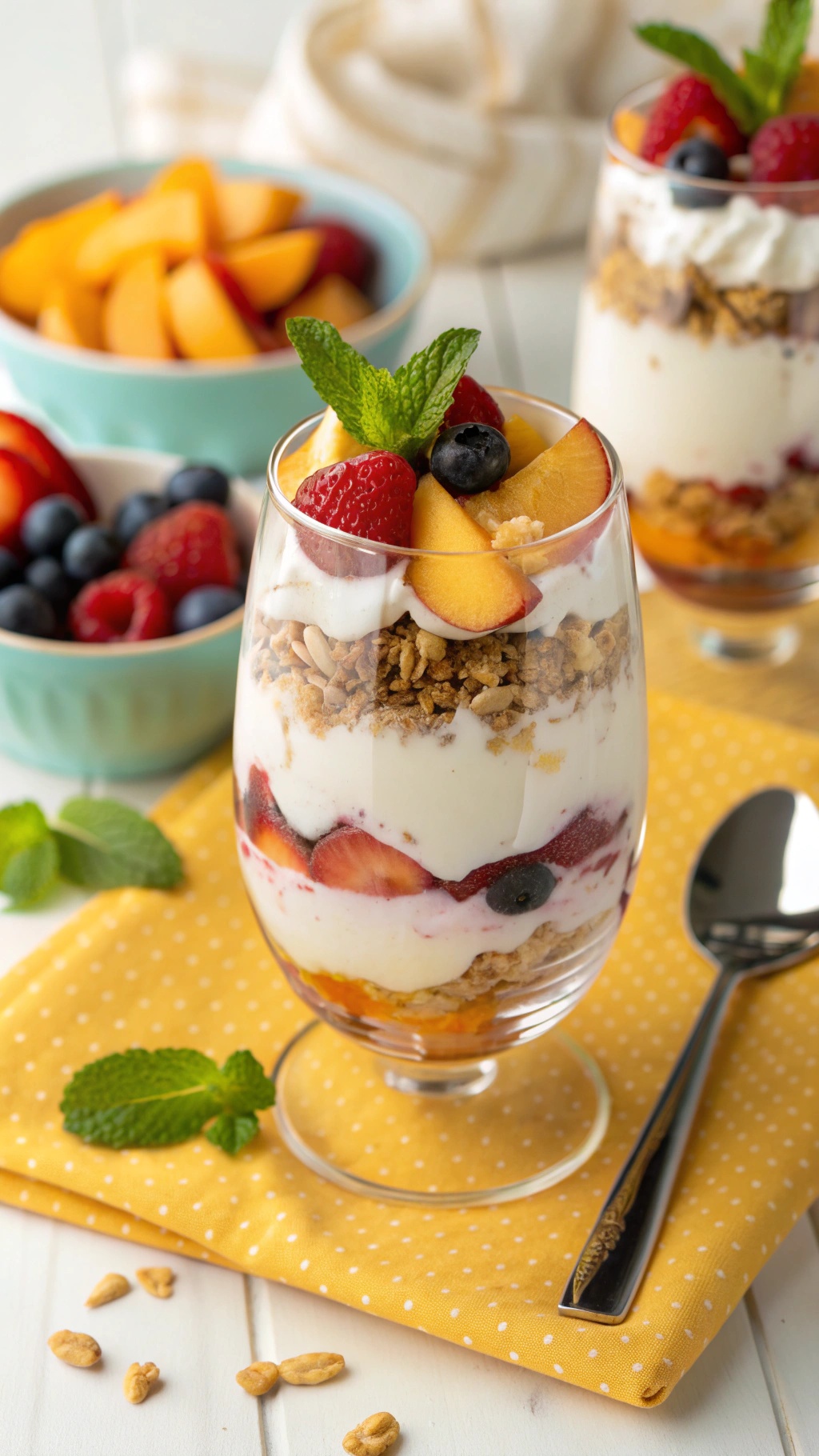 A creamy Greek yogurt parfait with granola, topped with fresh fruits and mint, served in a glass.