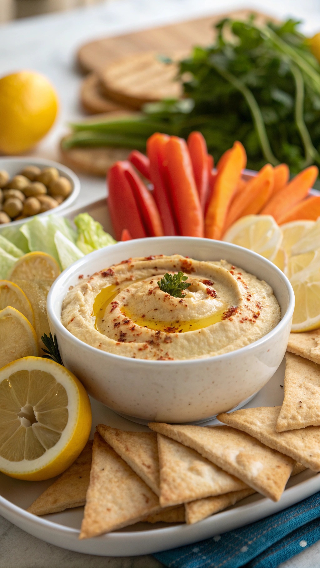 A bowl of creamy hummus garnished with olive oil and paprika, surrounded by fresh vegetables and pita chips.