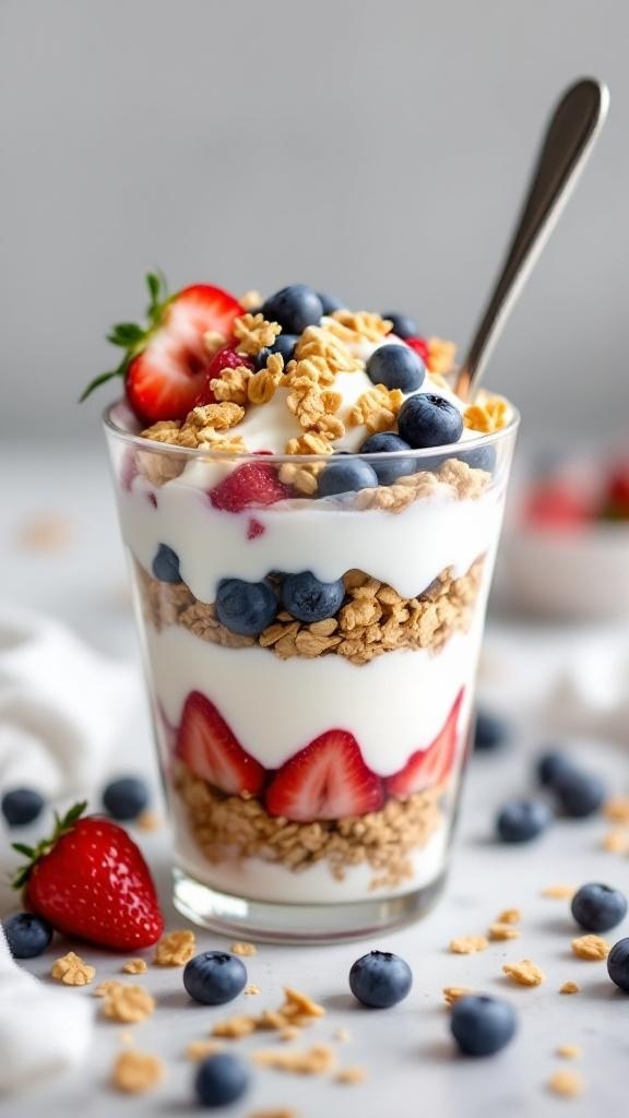 A delicious keto coconut yogurt parfait with layers of yogurt, blueberries, strawberries, and granola.