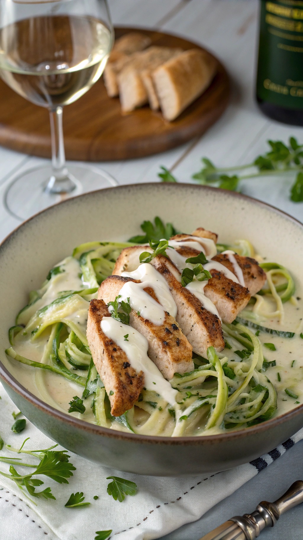 A bowl of creamy low carb chicken Alfredo with zucchini noodles and grilled chicken, garnished with parsley.