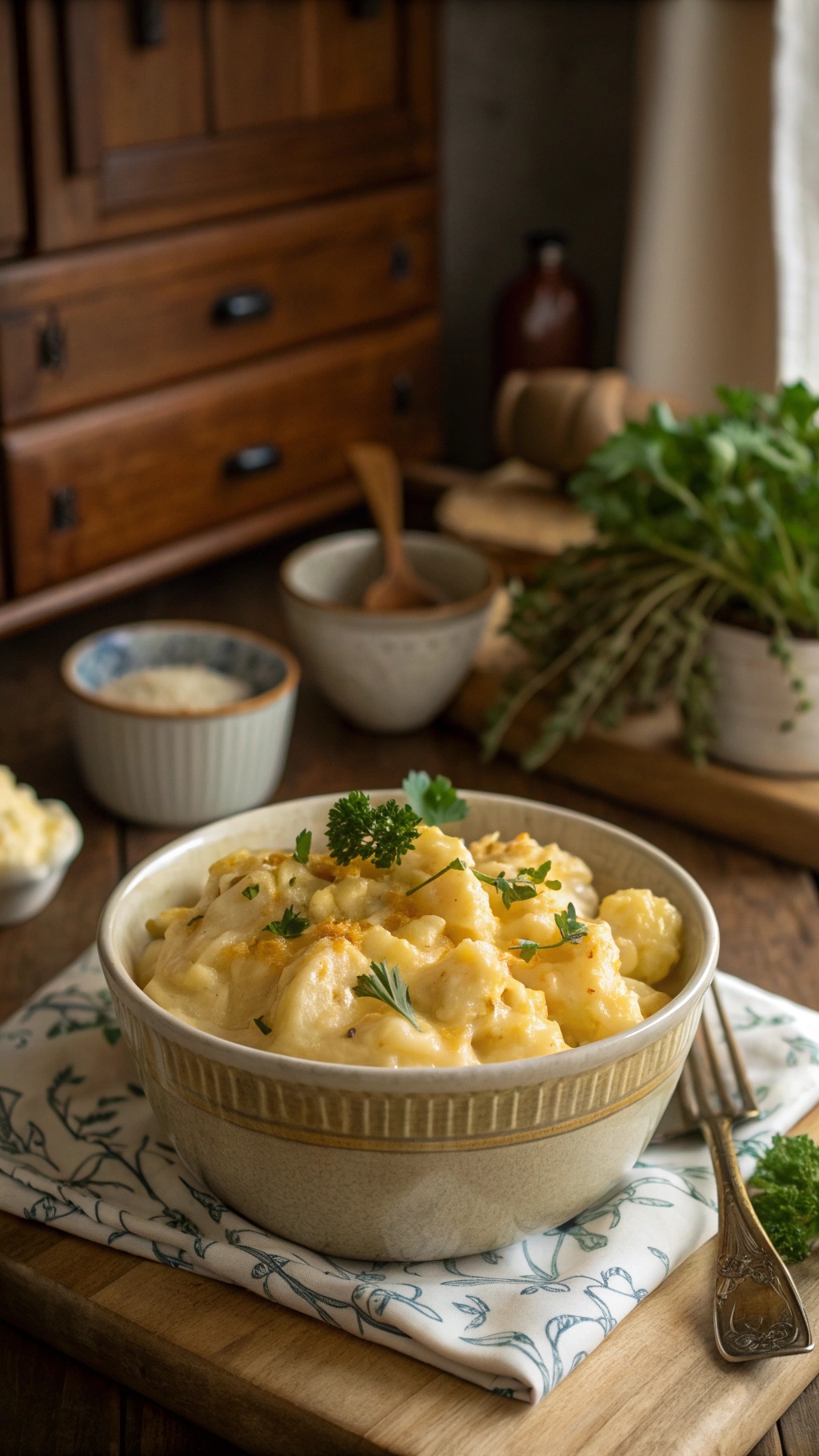 A bowl of creamy low carb mac and cheese topped with fresh herbs.