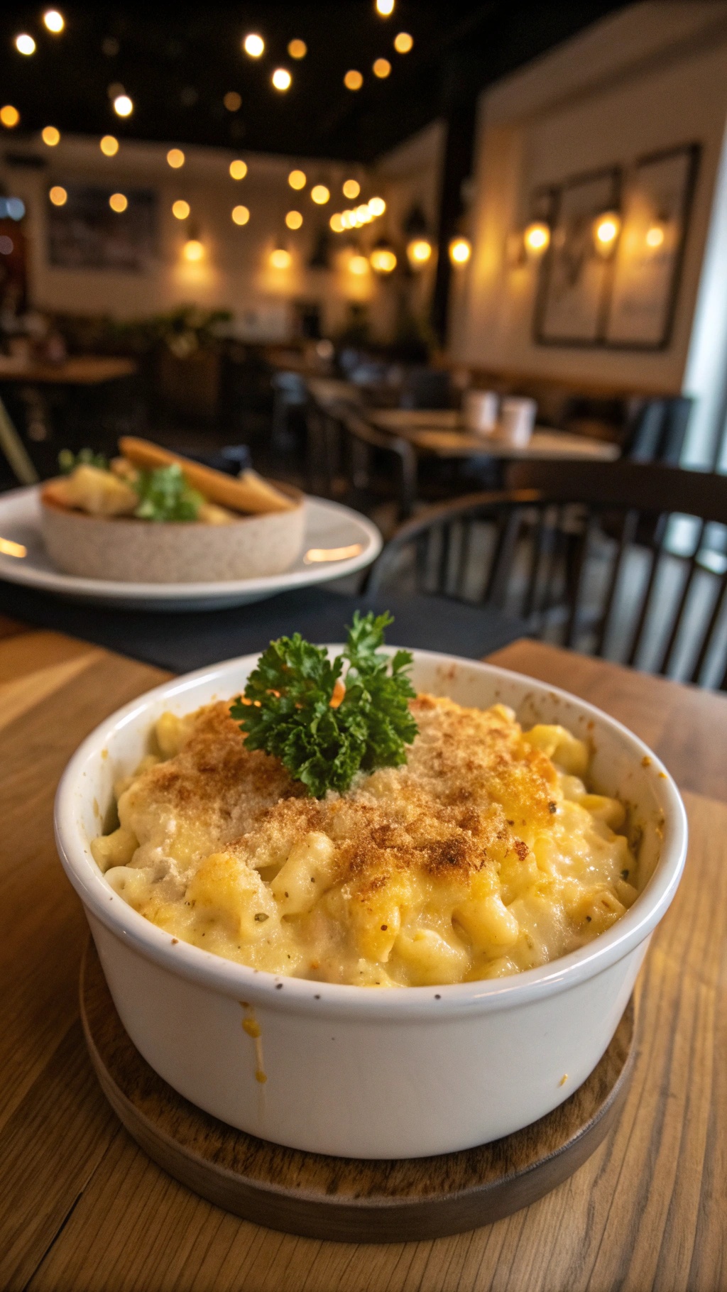 A bowl of creamy macaroni and cheese topped with breadcrumbs, served in a cozy restaurant setting.