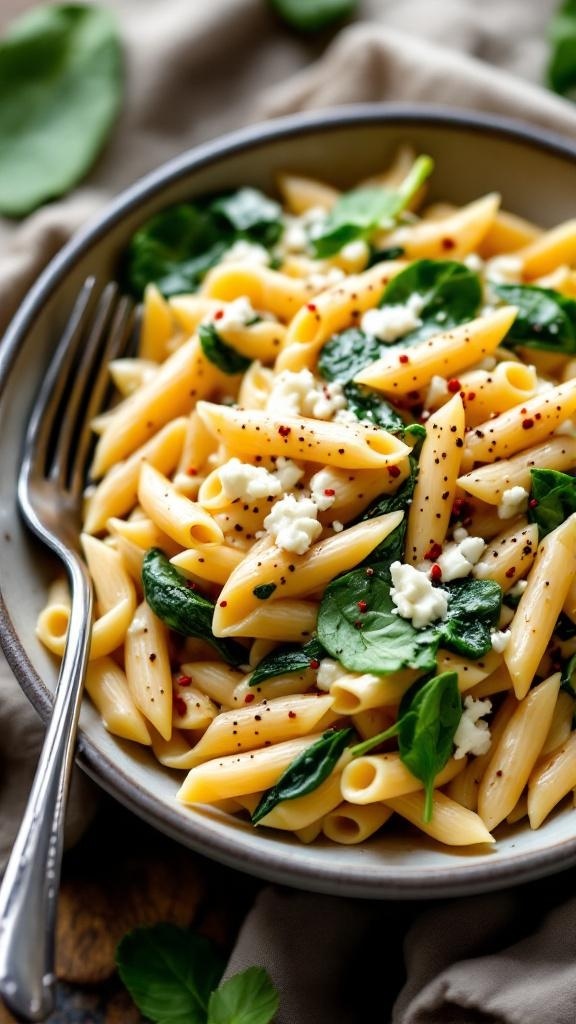 A bowl of creamy Mediterranean pasta with spinach and feta, garnished with red pepper flakes.