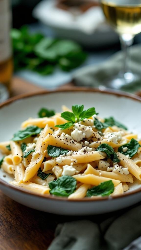 A bowl of creamy Mediterranean spinach and feta pasta garnished with fresh spinach and parsley.