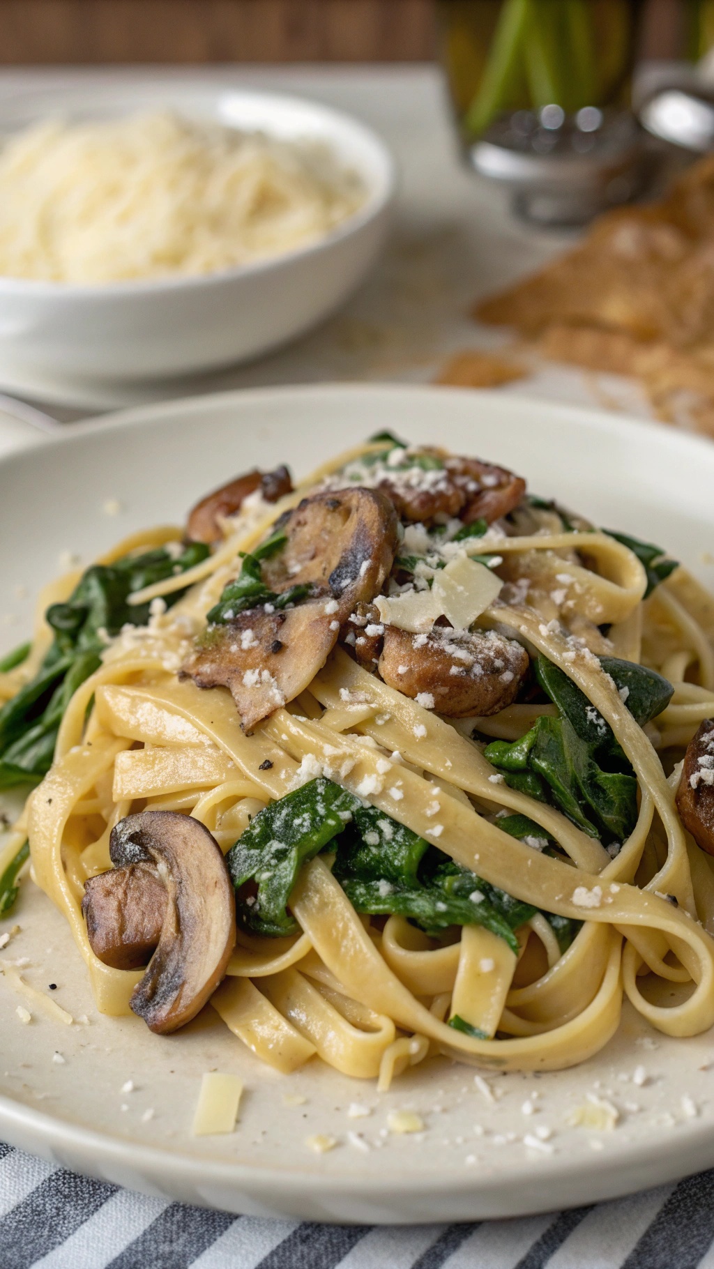 A plate of creamy mushroom and spinach fettuccine topped with grated cheese.