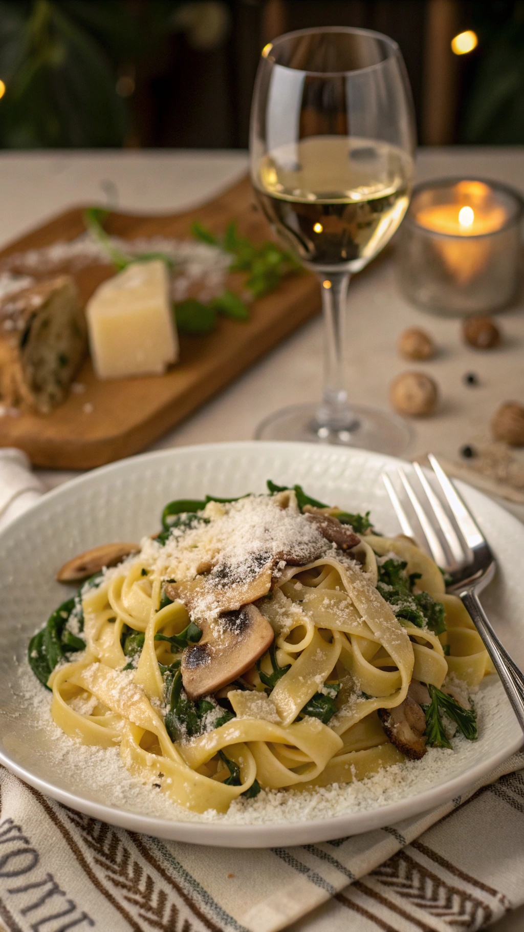 A plate of creamy mushroom and spinach pasta with parmesan cheese, served with a glass of white wine.