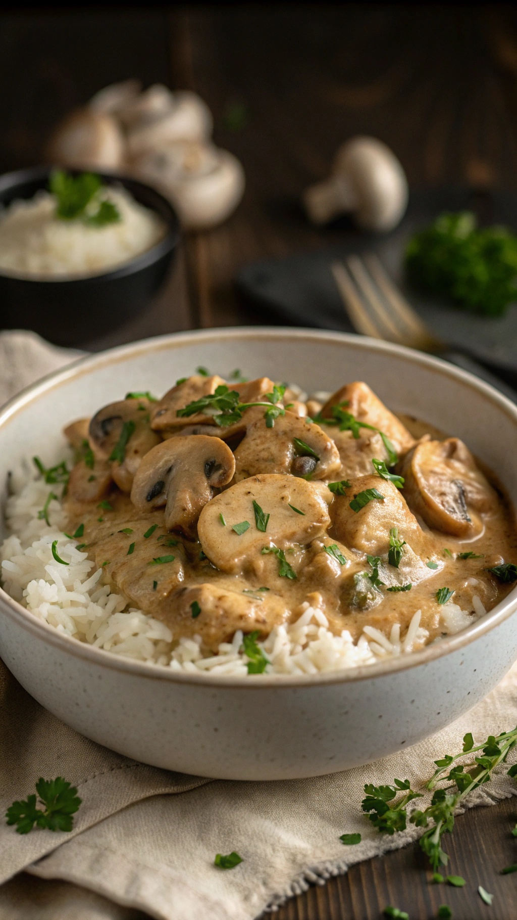 A bowl of creamy mushroom chicken served over rice, garnished with parsley.