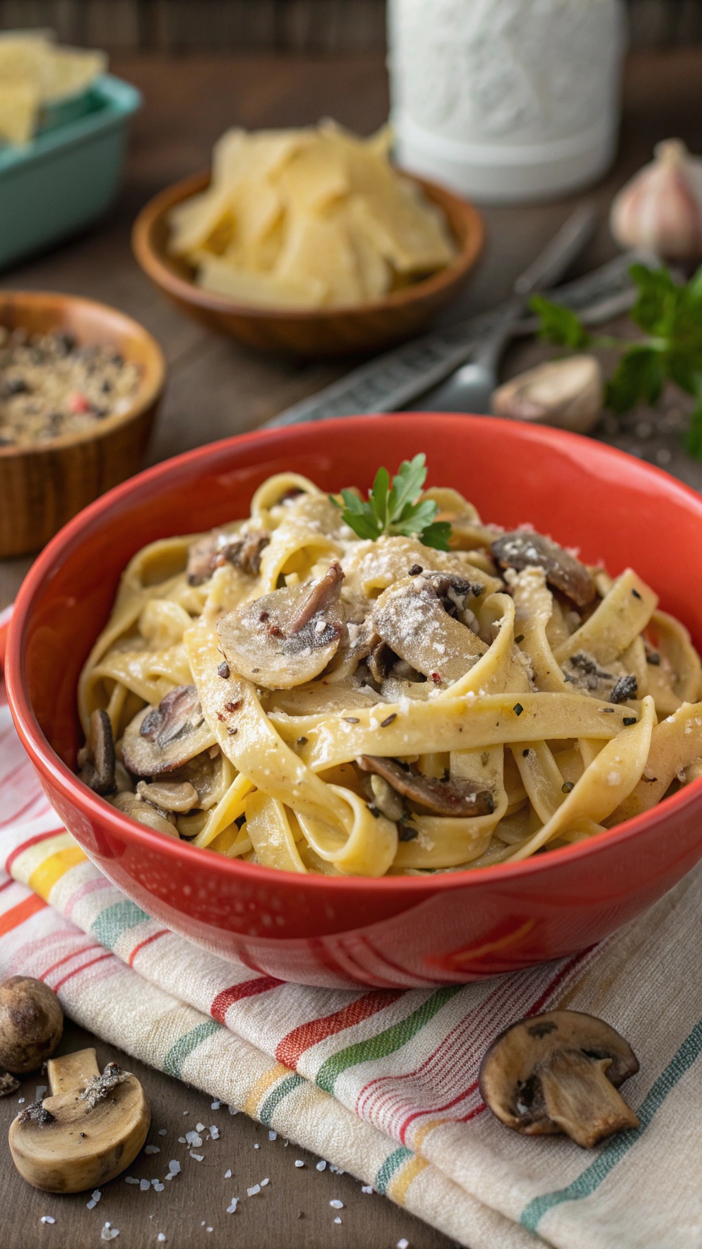 A bowl of creamy mushroom fettuccine with mushrooms and parsley on top, served on a colorful striped napkin.