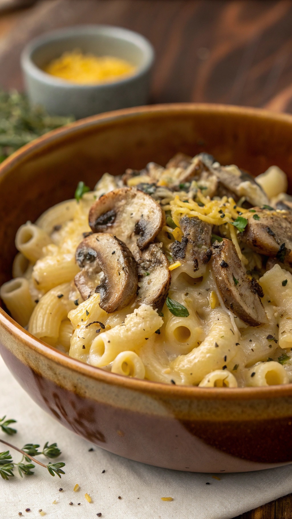 A bowl of creamy mushroom mac and cheese topped with sautéed mushrooms and herbs.