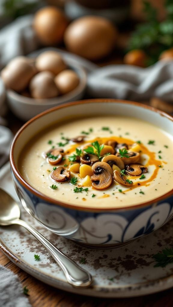 A bowl of creamy mushroom potato soup garnished with mushrooms and parsley, with eggs and mushrooms in the background.