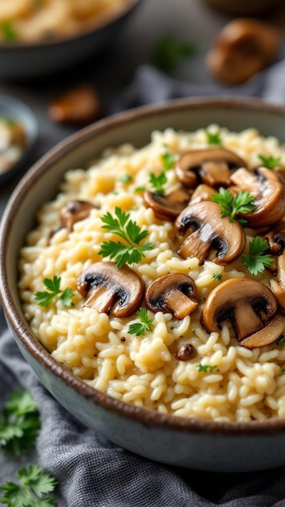 A bowl of creamy mushroom risotto topped with sliced mushrooms and fresh parsley.
