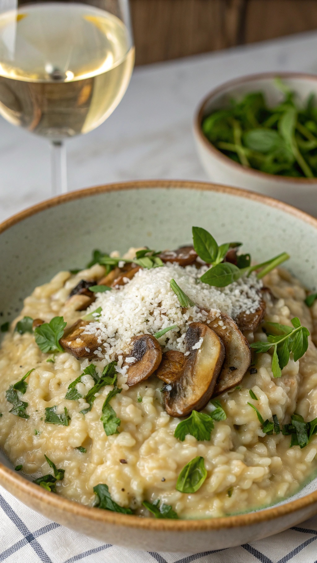 A bowl of creamy mushroom risotto topped with fresh herbs and grated cheese, accompanied by a glass of white wine.