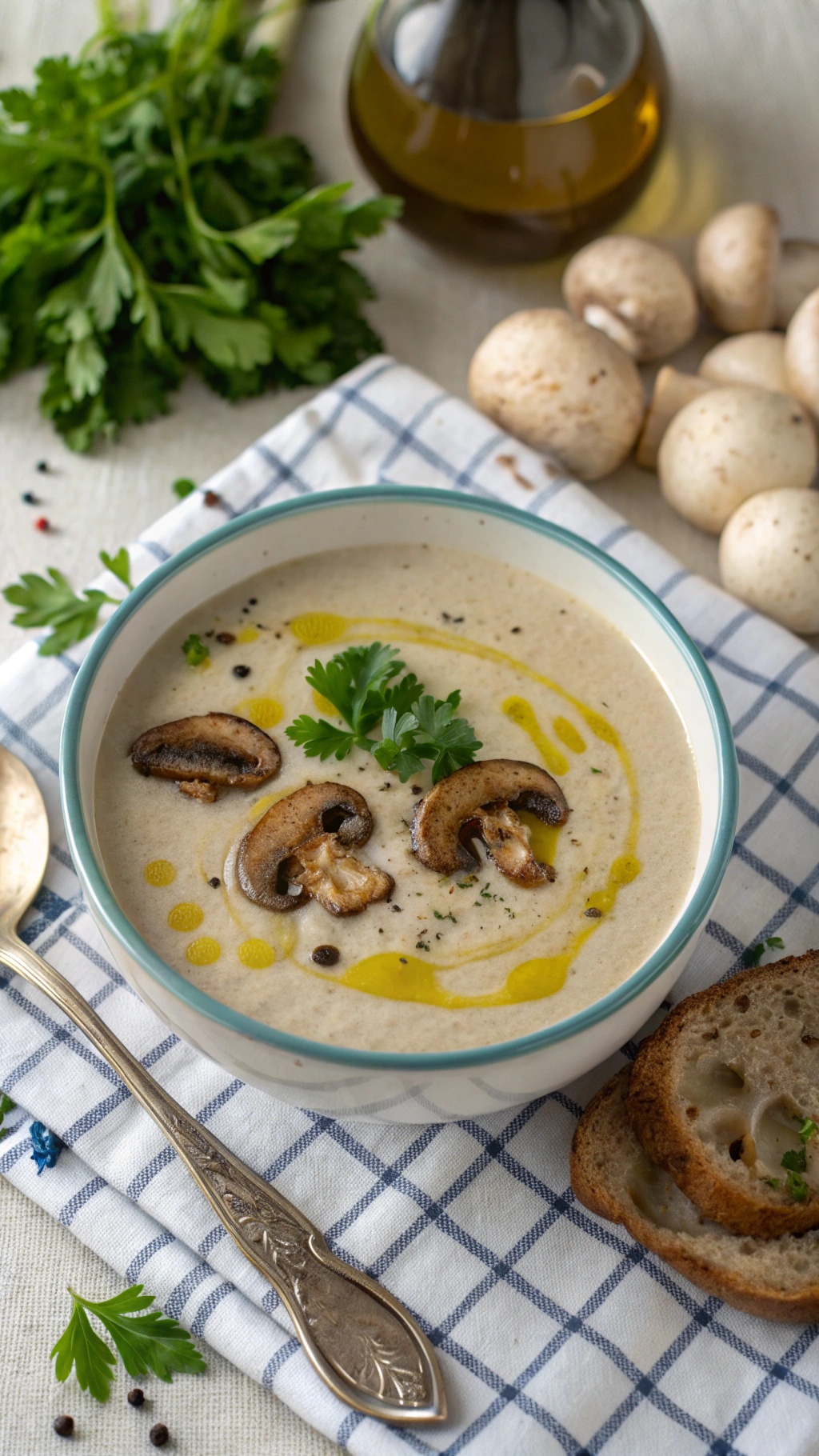 A bowl of creamy mushroom soup garnished with herbs and olive oil, served with bread.