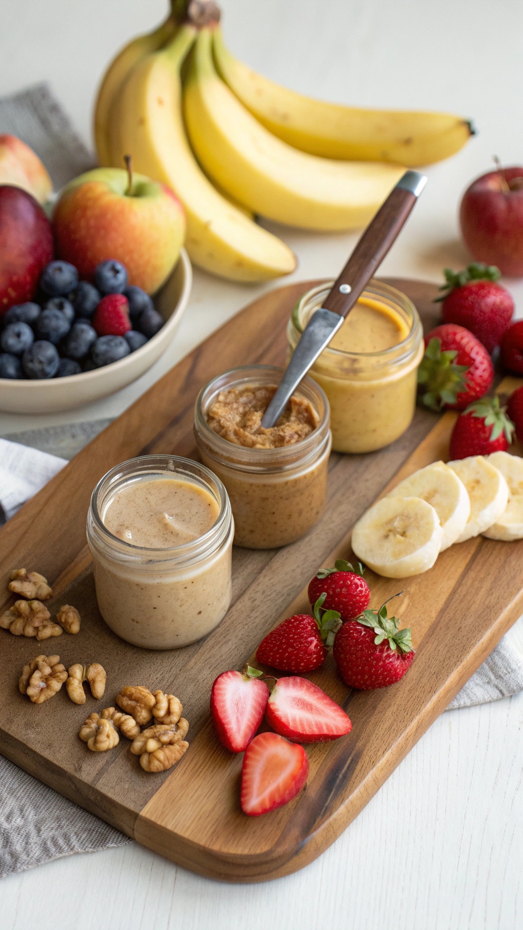 A wooden platter with jars of creamy nut butter dips and fresh fruit including strawberries, bananas, and apples.