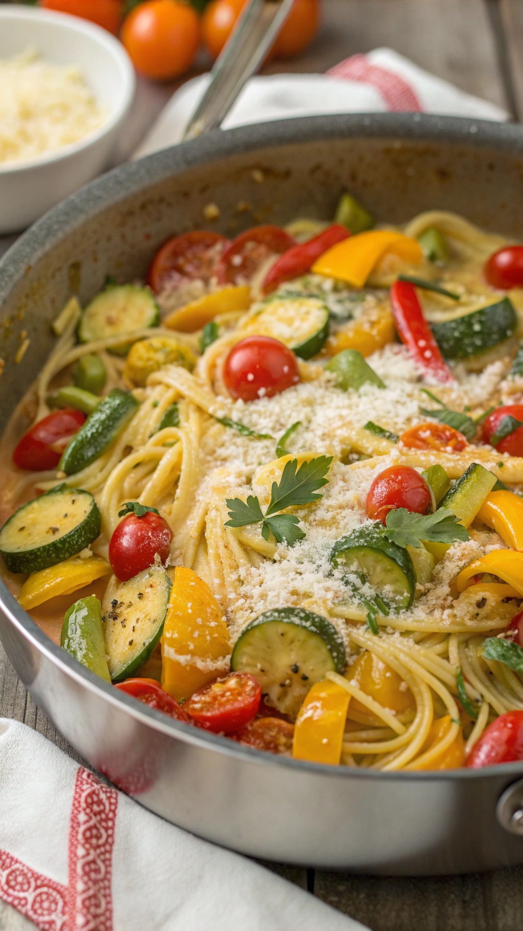 A delicious creamy one-pot pasta primavera with colorful vegetables and topped with cheese.