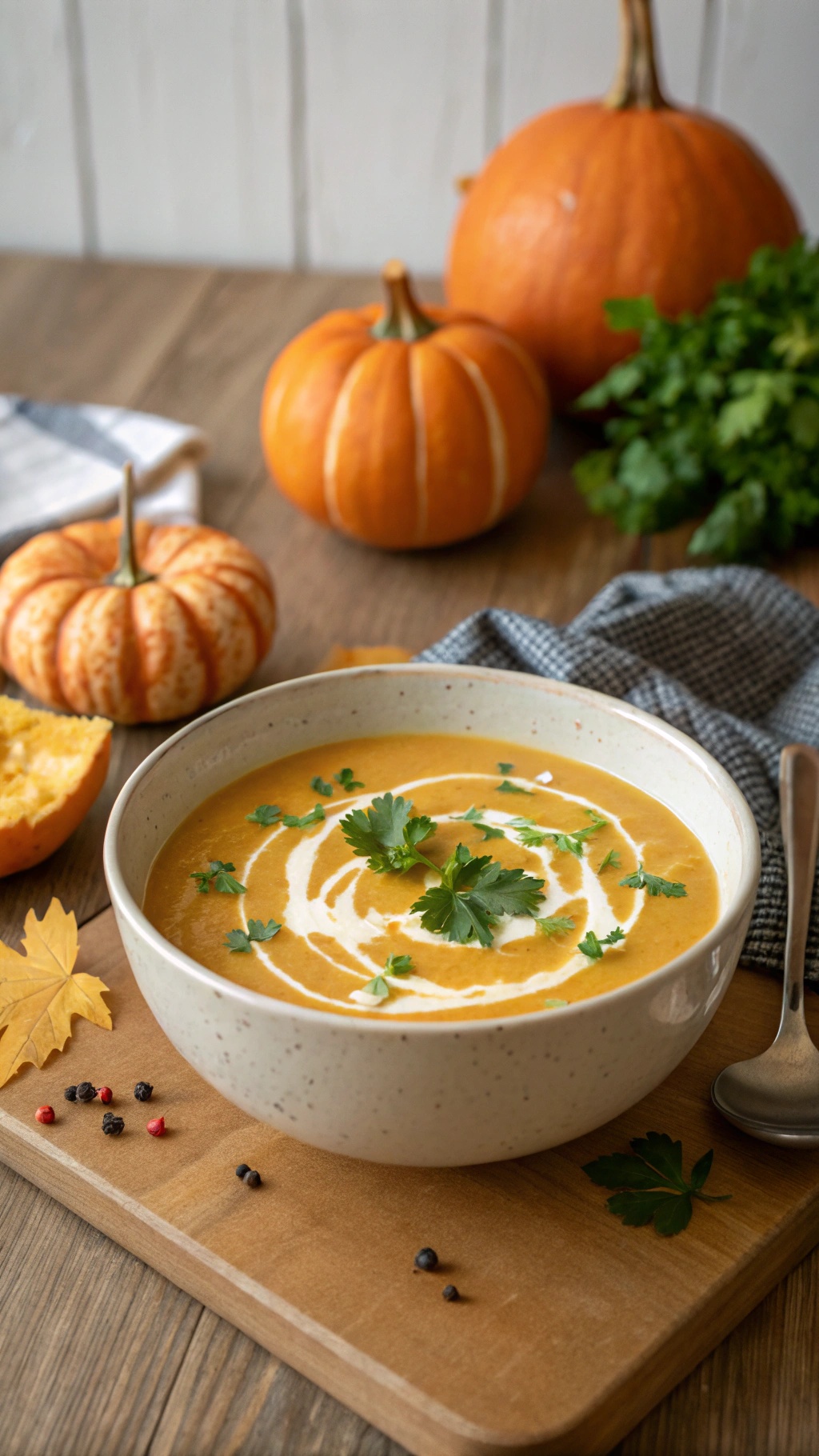 A bowl of creamy pumpkin soup garnished with herbs, surrounded by pumpkins and autumn leaves.