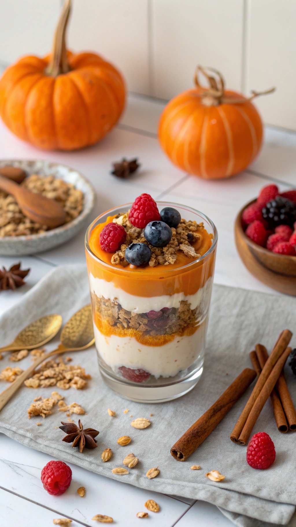 A creamy pumpkin yogurt parfait layered with yogurt, pumpkin puree, granola, and topped with fresh berries.