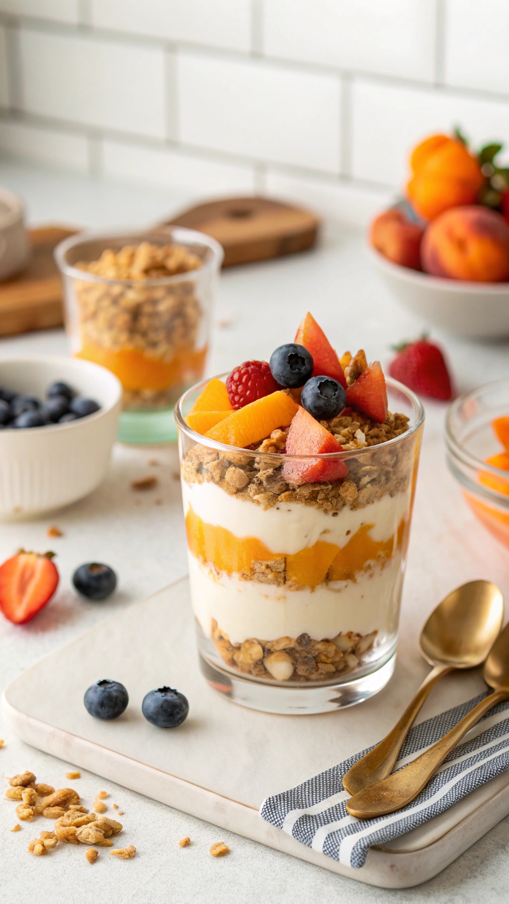 A creamy pumpkin yogurt parfait layered with granola and fresh fruits in a clear glass.