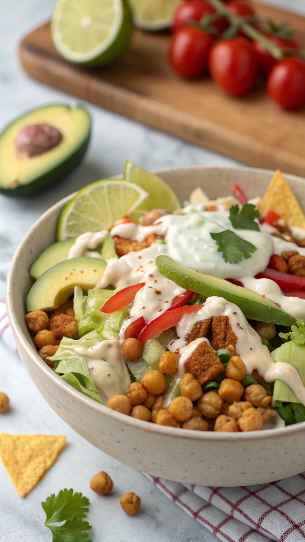 A colorful creamy ranch taco salad with chickpeas, topped with avocado, red bell pepper, and lime wedges.