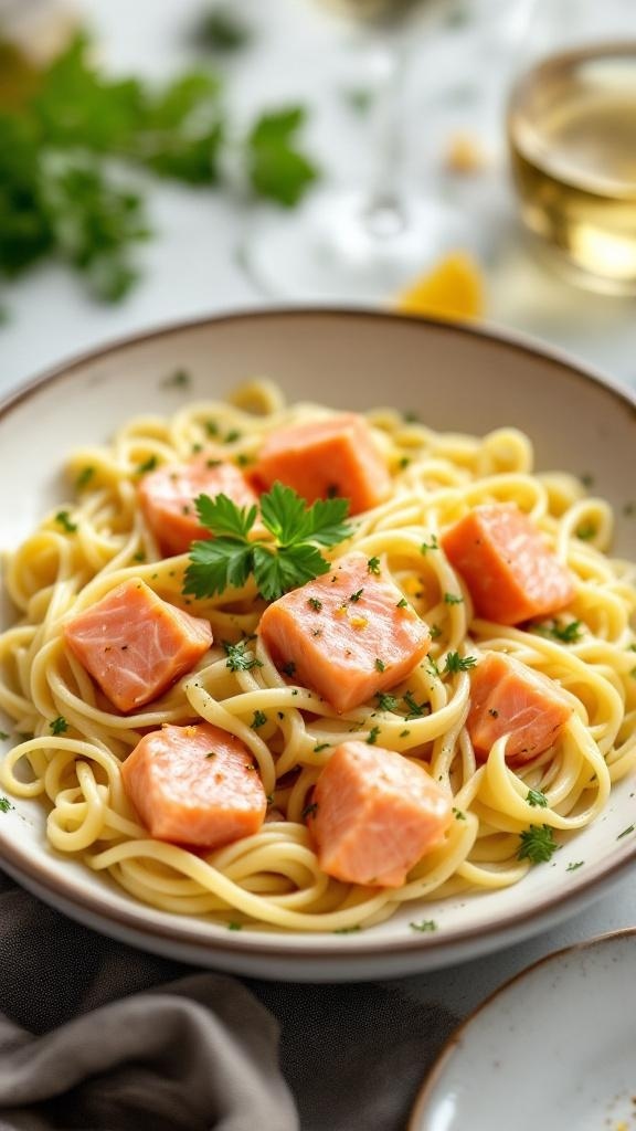 A bowl of creamy salmon pasta with chunks of salmon and garnished with parsley.