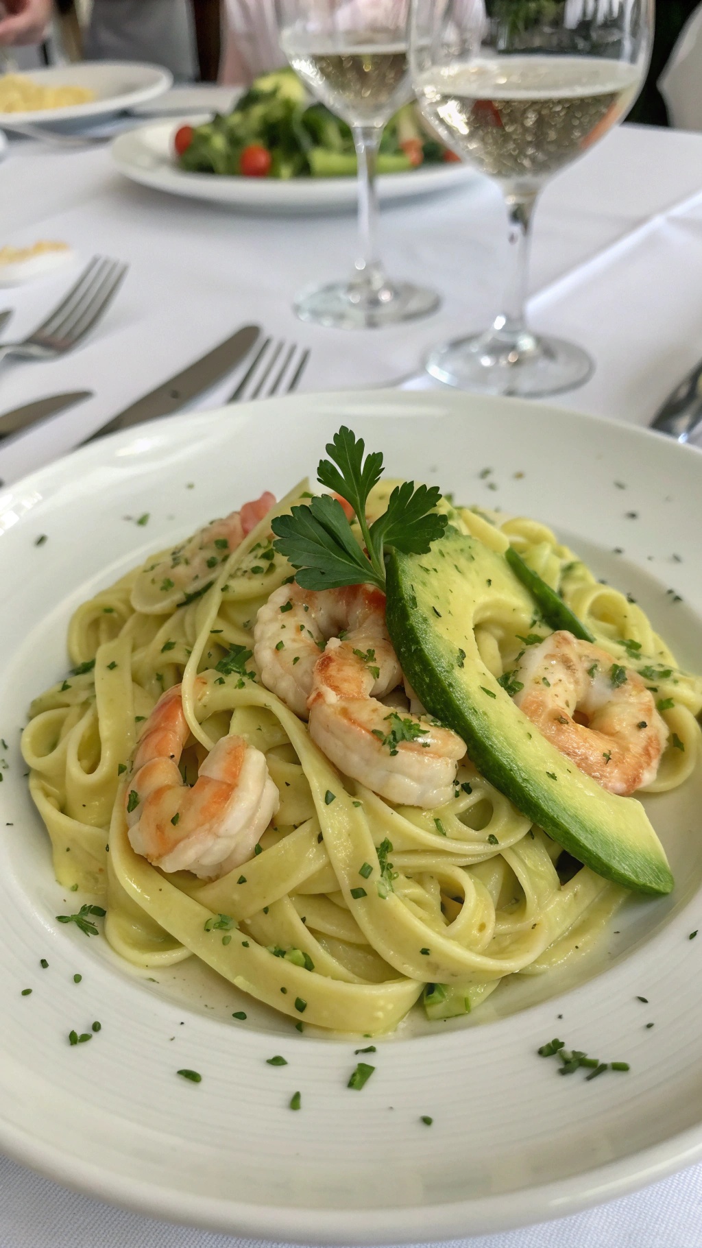 A plate of creamy shrimp and avocado pasta garnished with parsley