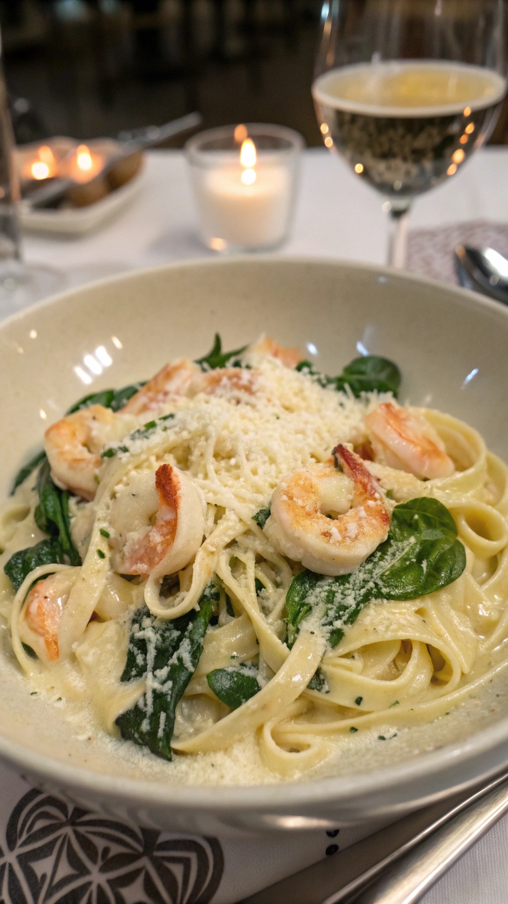 A bowl of creamy shrimp and spinach pasta with grated cheese on top, set on a table with a candle and a glass of white wine.