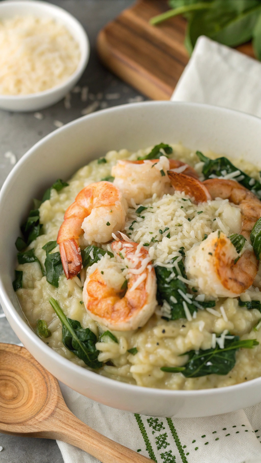 A bowl of creamy shrimp and spinach risotto topped with shrimp and spinach, served with a wooden spoon.