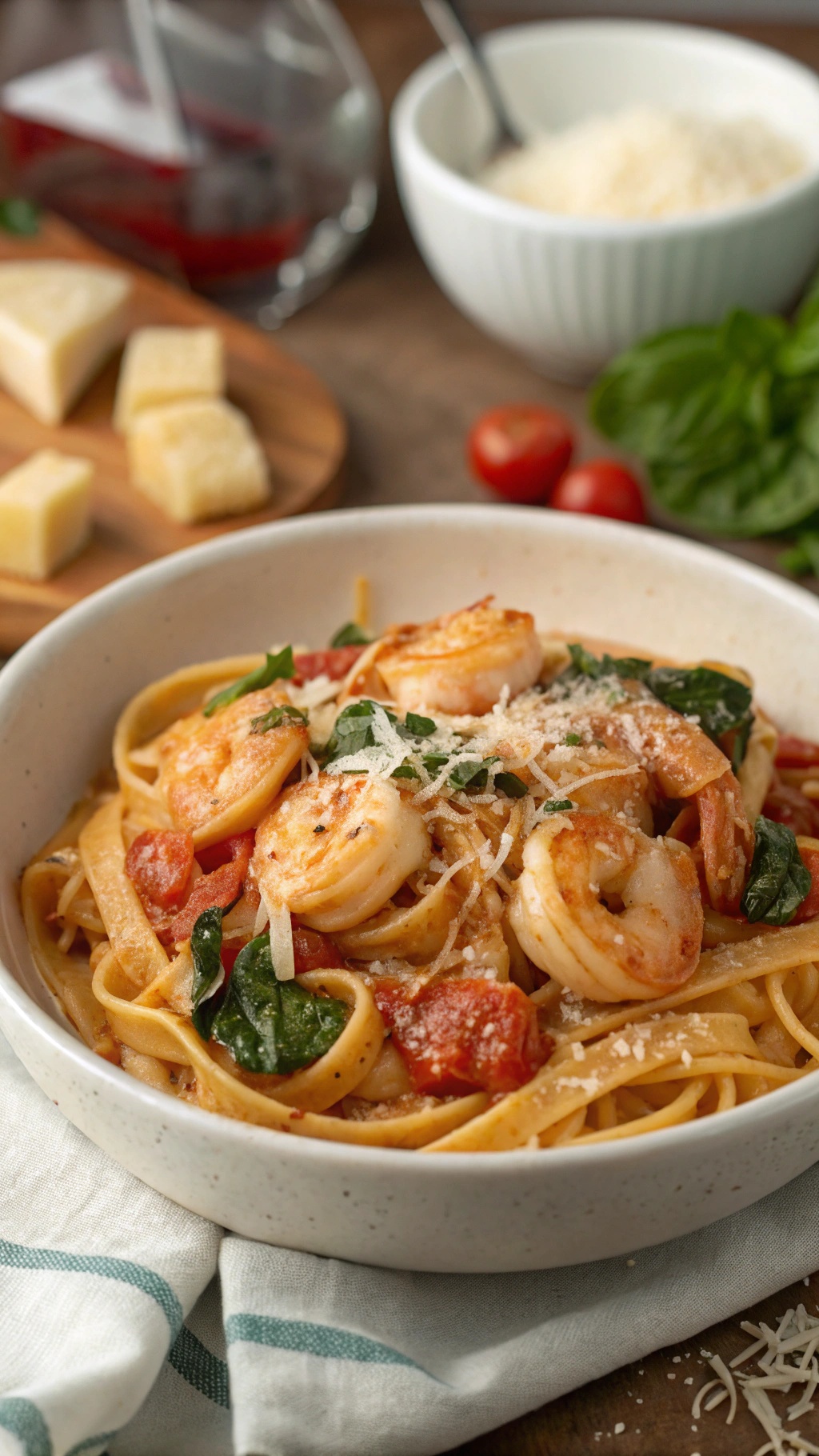 A bowl of creamy shrimp and tomato pasta with spinach, garnished with grated cheese.