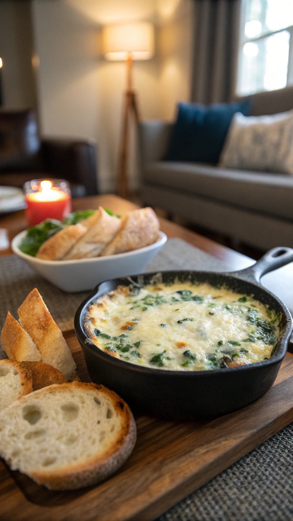 Creamy spinach and artichoke dip served in a skillet with bread slices on the side.