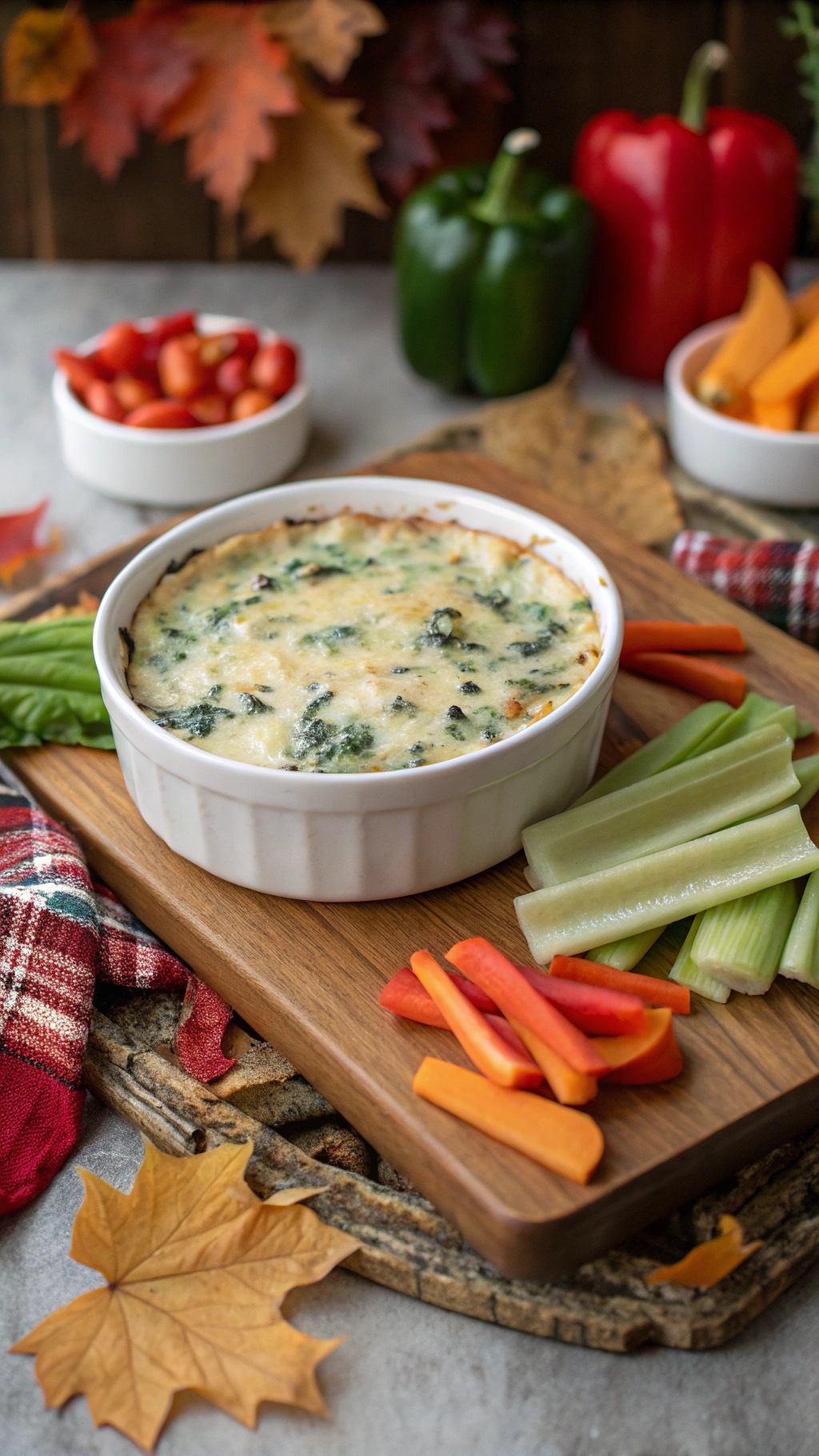 Creamy spinach and artichoke dip served with fresh vegetables