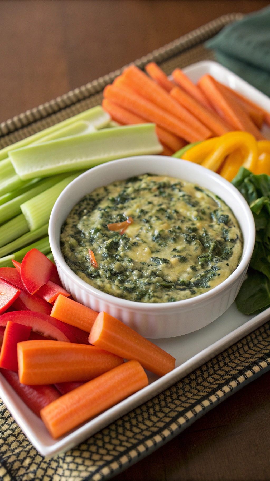Creamy spinach and artichoke dip served with colorful veggie sticks