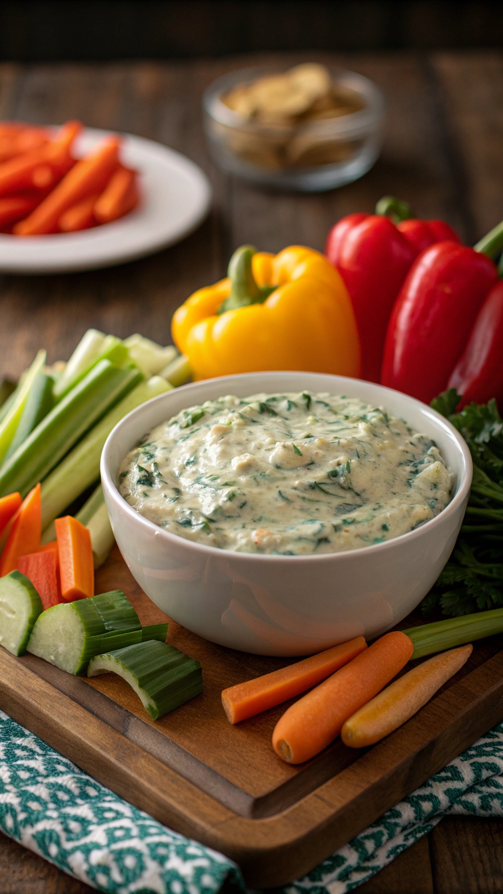 Creamy spinach and artichoke dip served with fresh vegetables